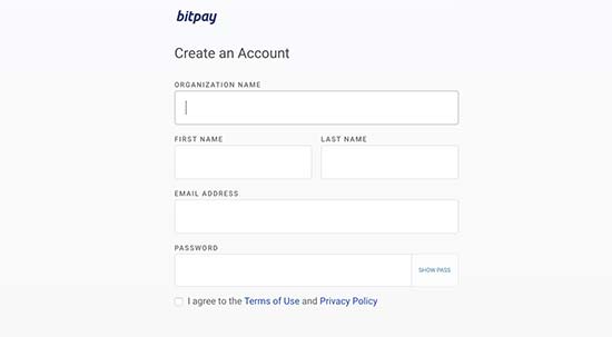 Создание учетной записи BitPay