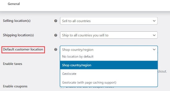 The default customer location setting in WooCommerce