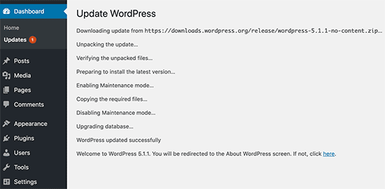 WordPress update progress