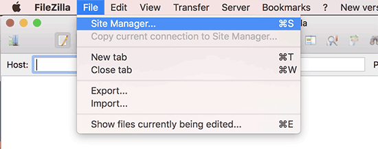 Site manager in FileZilla FTP client