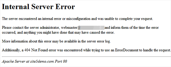 WordPress website showing internal server error