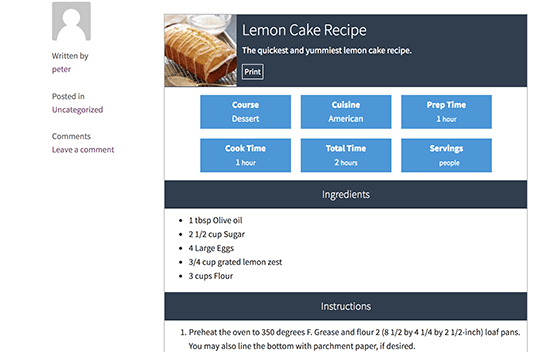 Preview of a recipe in WordPress