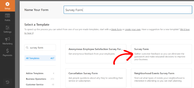 Select survey form template