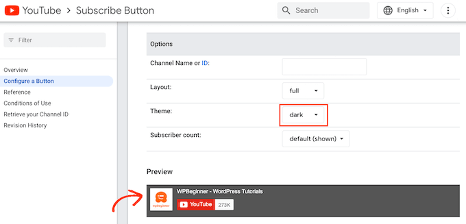 Adding a YouTube subscribe button to WordPress with the 'dark' theme