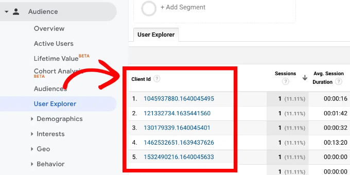 View user explorer client ID in UA
