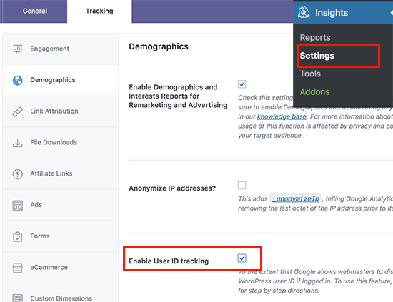 Enable user ID tracking in MonsterInsights