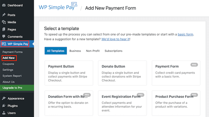 Создание новой формы WP Simple Pay