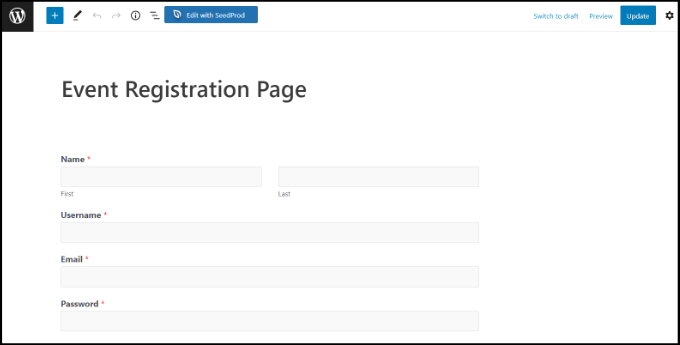 Event registration form preview in content editor