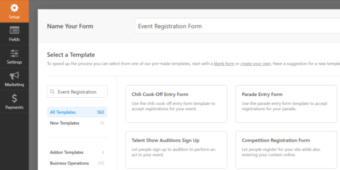 Select event registration form template