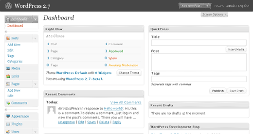 WordPress 2.7 Dashboard