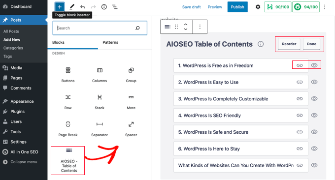 Tambahkan blok daftar isi AIOSEO ke postingan atau halaman