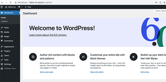 Locally installed WordPress dashboard