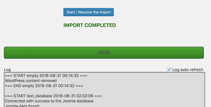 Joomla import completed