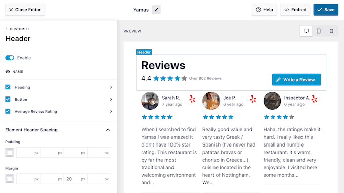 Customizing the review feed header