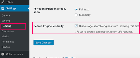 Search engine visibility setting in WordPress