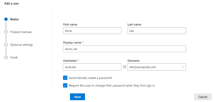 Enter user details to create an account