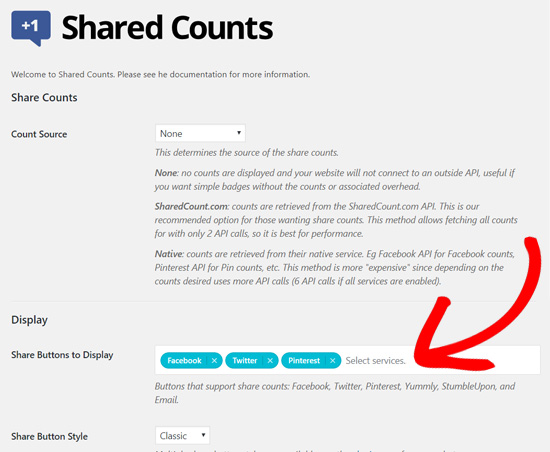 Плагин Shared Counts - выбор кнопок социальных акций