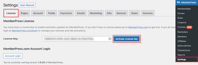 Enter MemberPress license key