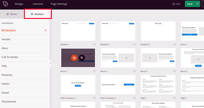 Using sections in page builder