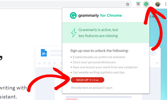 Grammarly Extension on Chrome - Sign Up