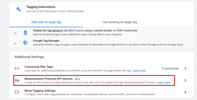 Select measurement protocol API secrets option