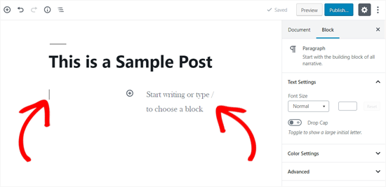 Блок колонок WordPress в WordPress добавлен в пост