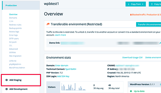 Add staging site in WP Engine