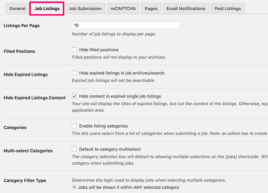 Job listings settings