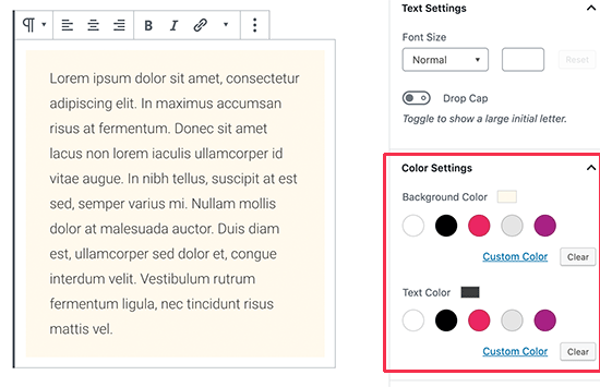 Изменение цвета фона и текста в редакторе контента