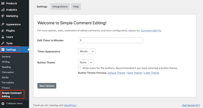 The Simple Comment Editing settings