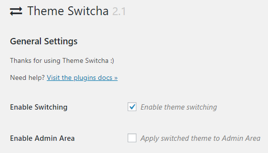Theme Switcha plugin settings page