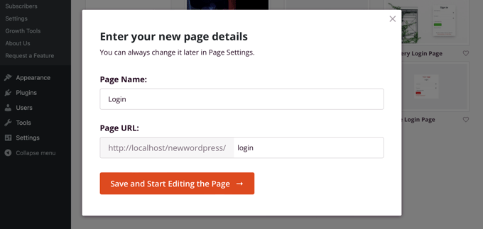 Enter a page name and page URL