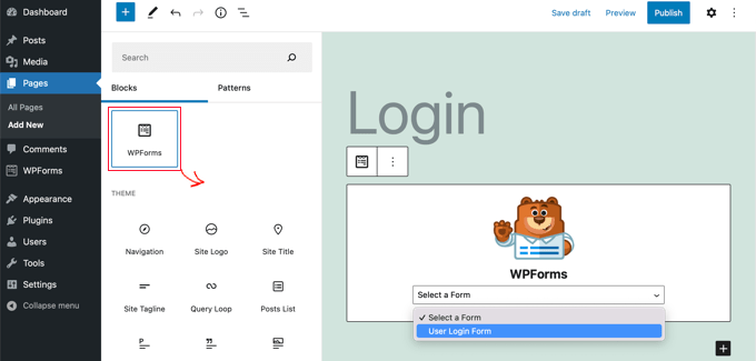 Add the WPForms Block to Any Post or Page and Select the User Login Form