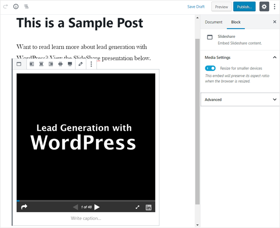 Презентация SlideShare добавлена в редактор WordPress