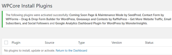 All Plugins Activated Message on WordPress with WPCore