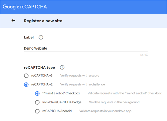 Регистрация нового сайта для Google reCAPTCHA