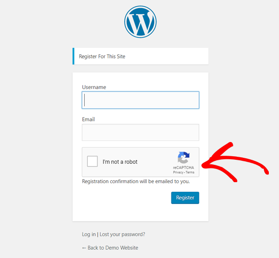 Страница регистрации WordPress с reCAPTCHA