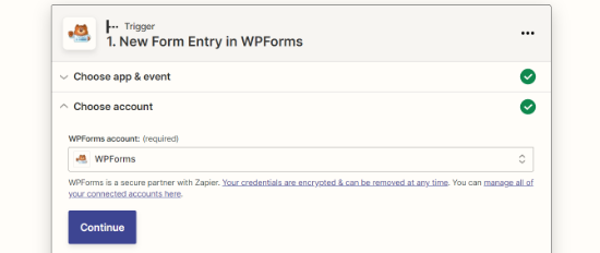 Выберите аккаунт WPForms в Zapier