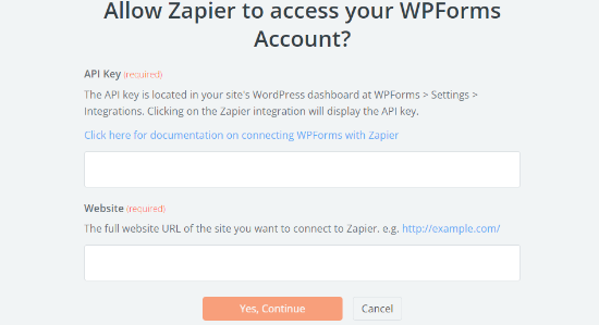 Введите ключ API Zapier и веб-сайт