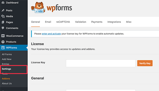 Chiave di licenza di WPForms