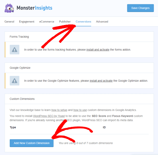 Add a new custom dimension (under the MonsterInsights Conversions tab)