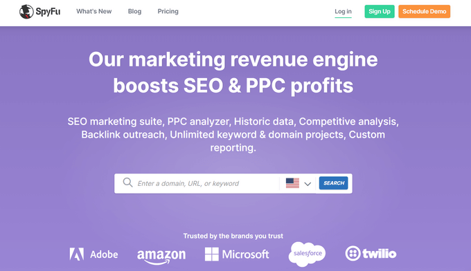 The SpyFu home page SpyFu keyword research tool