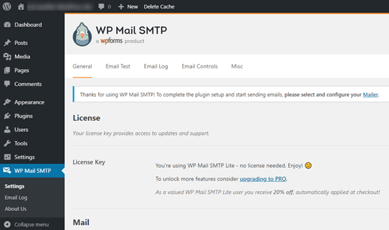 La pagina delle impostazioni SMTP di WP Mail nella dashboard di WordPress