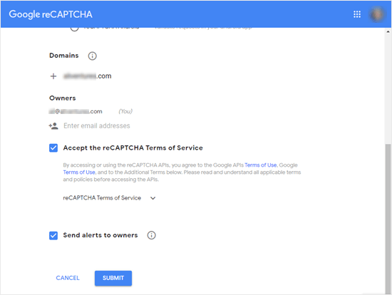 Compilando i dettagli del tuo sito per Google reCAPTCHA
