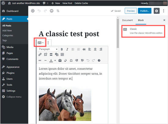 A post that WordPress has automatically converted into a Classic block