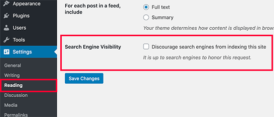 Configurações de visibilidade do mecanismo de busca no WordPress