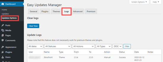 L'onglet "logs" du plugin "Easy Updates Manager".