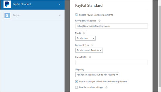Страница настроек оплаты PayPal для вашей формы