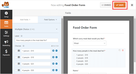 Save your online food order form