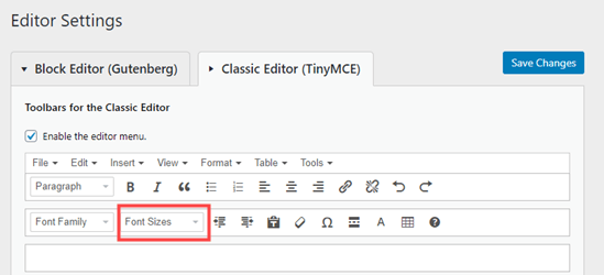 Il pulsante a discesa delle dimensioni dei caratteri nel menu TinyMCE Advanced per l'editor classico